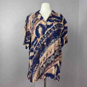 Vintage women 80s 90s Brown Navy palm leaf aloha style shirt 80s Party costume